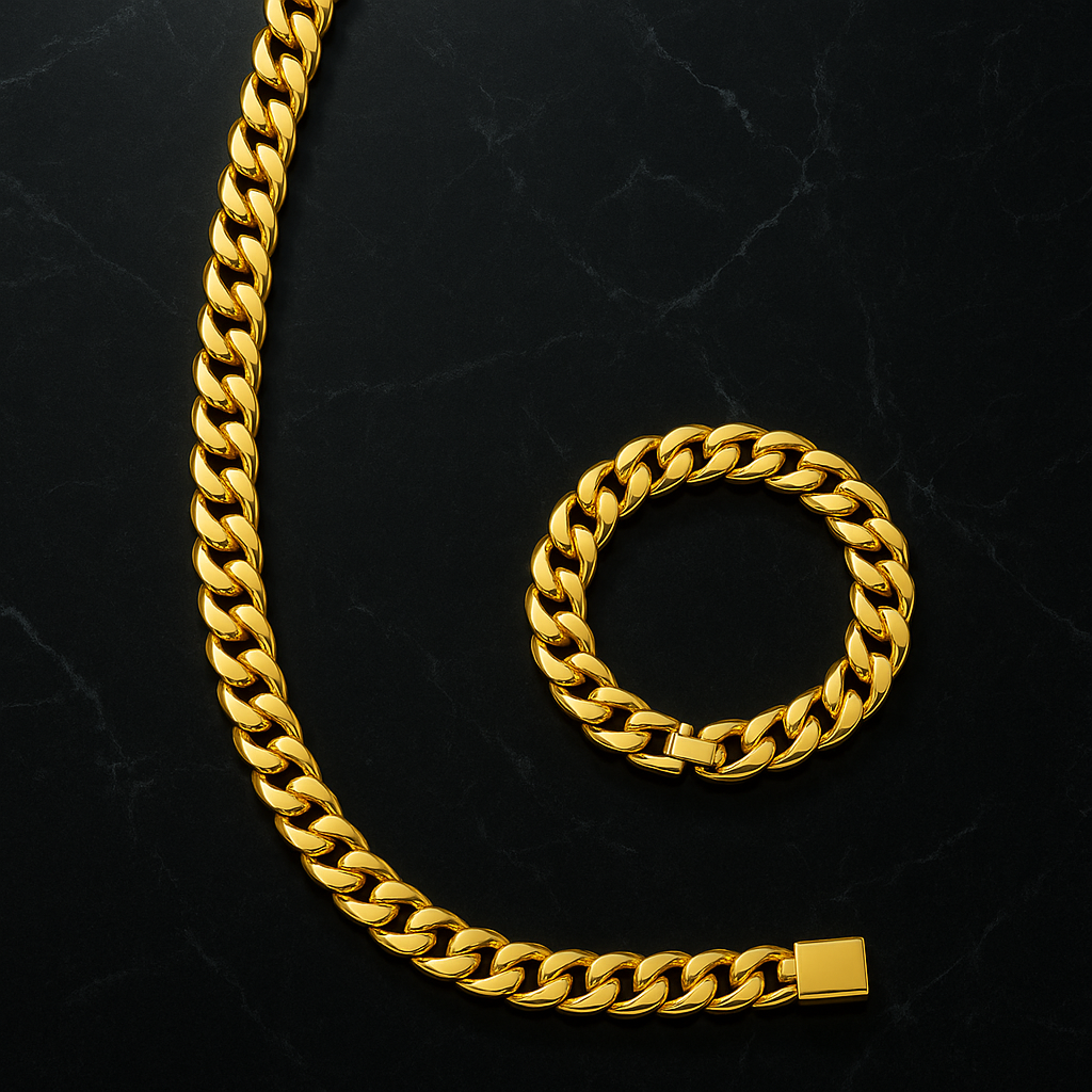 "Cuban" Gold-Colored Necklace &amp; Bracelet (8mm)