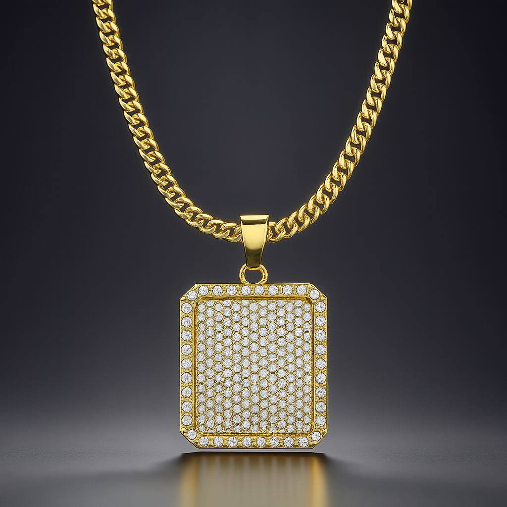 "Cubic Zirconia Dog Tag" Gold Colored Pendant