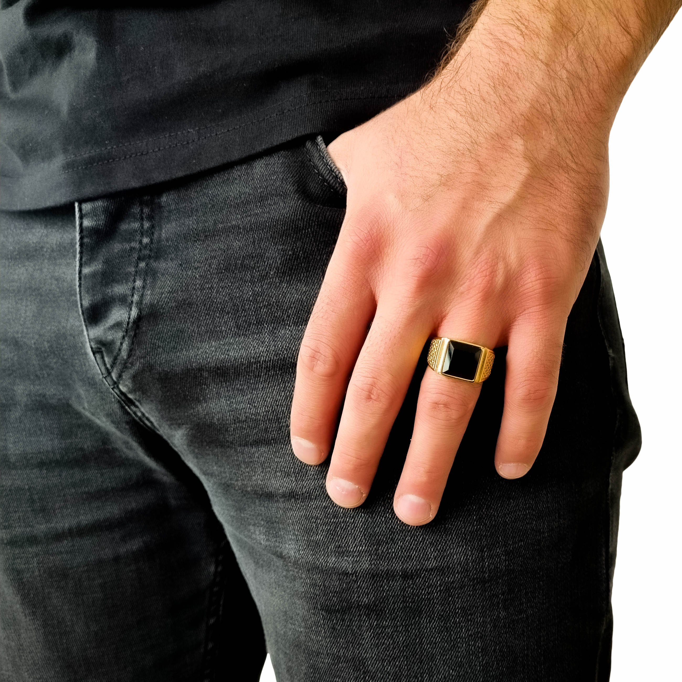 "Black Stone" Gold Colored Ring