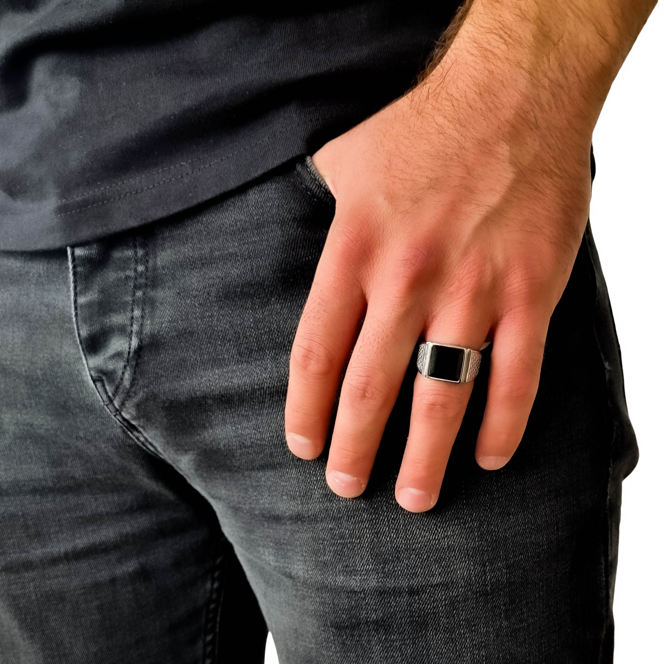 "Black Stone" Silver Colored Ring