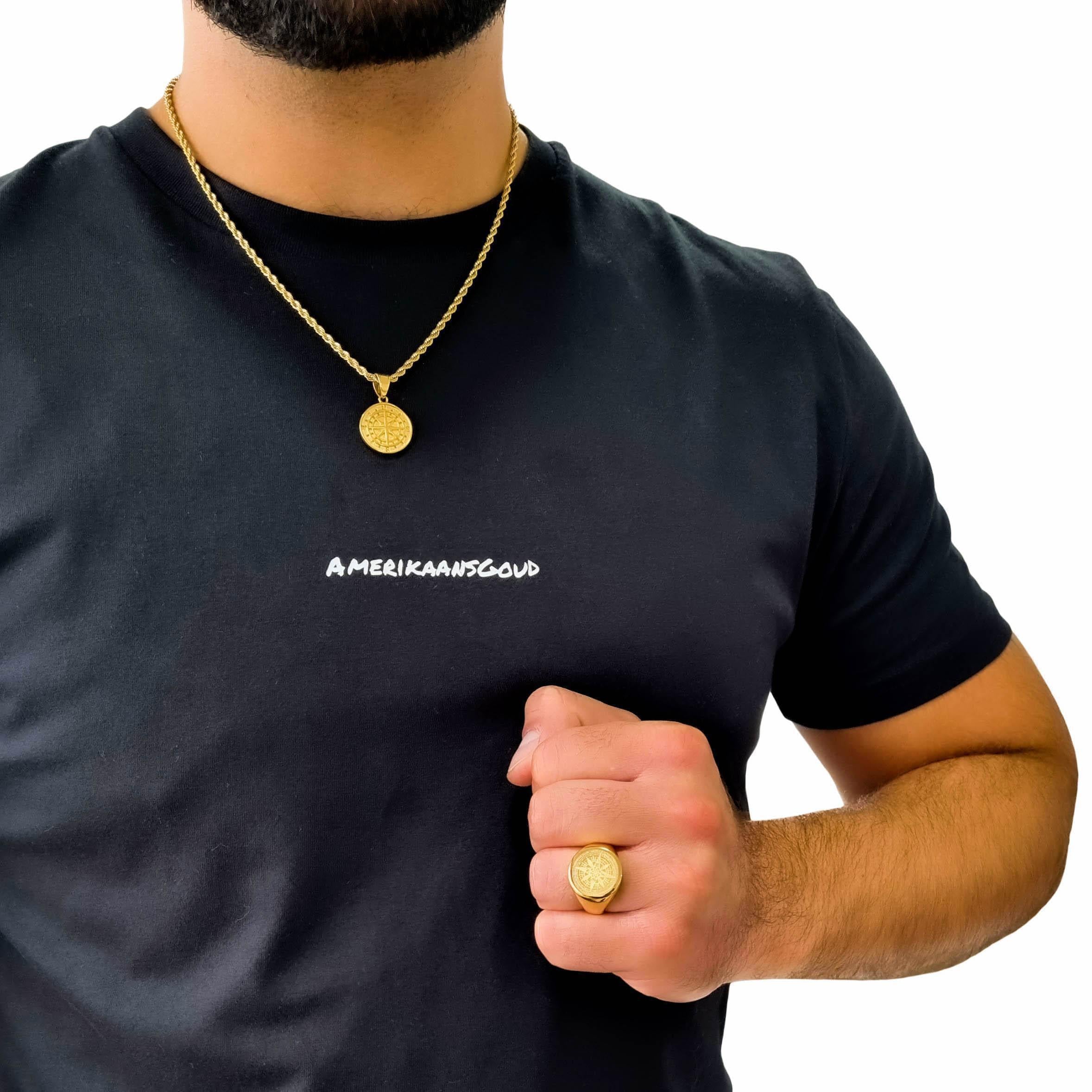 "Compass" Gold-Colored Pendant + Ring Set