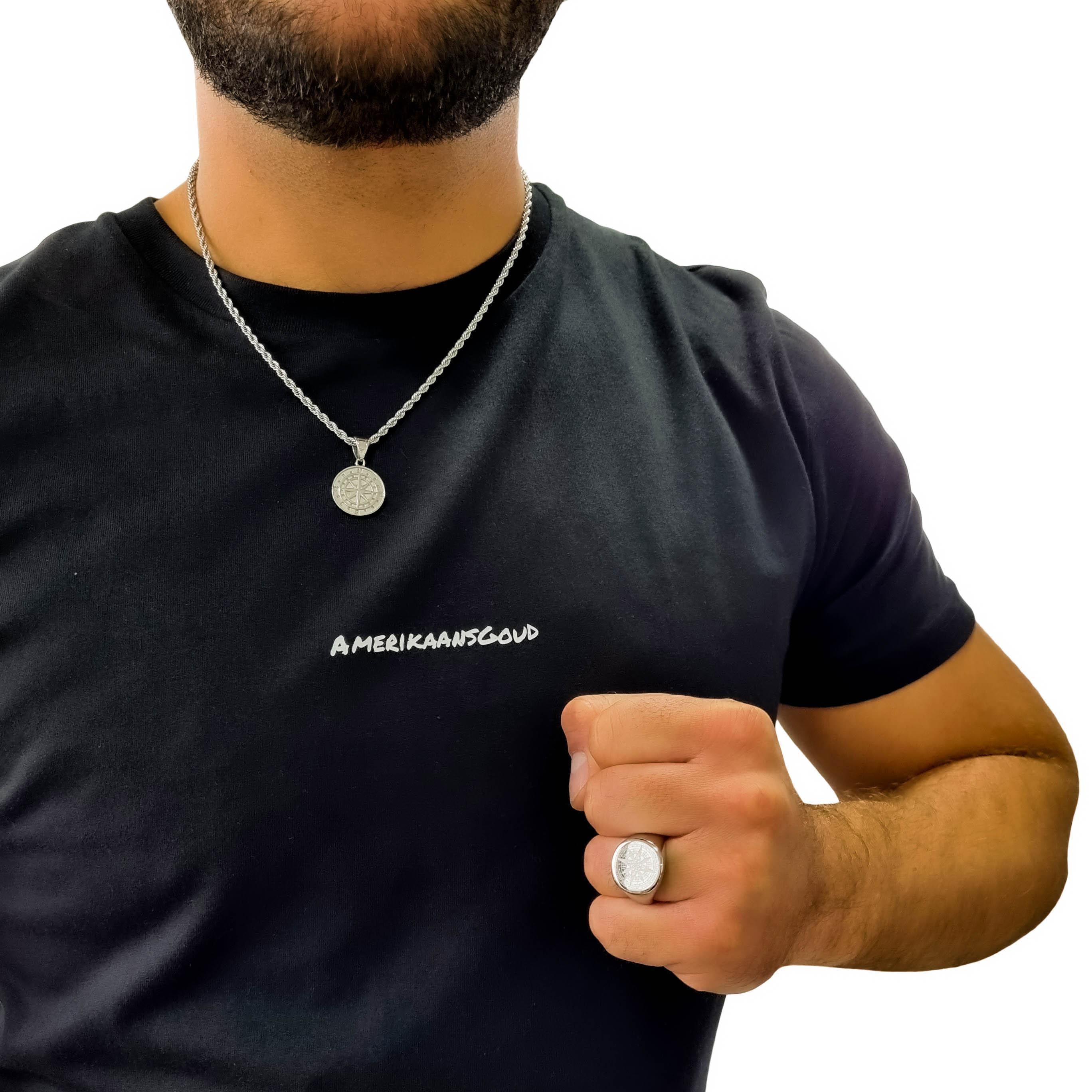 "Compass" Silver-Colored Pendant + Ring Set